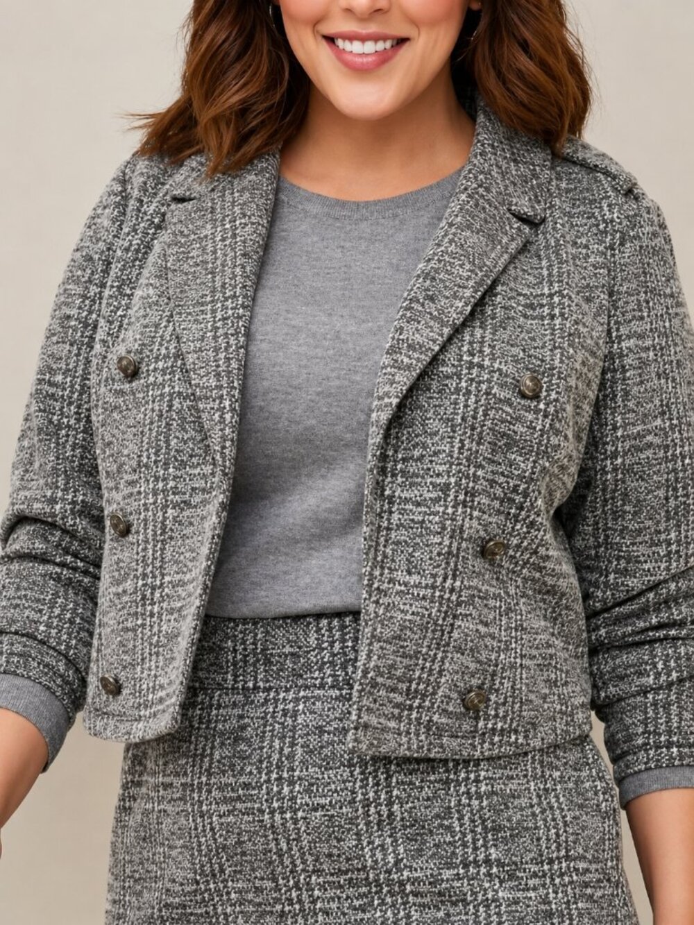 Torrid Studio Crop Military Jacket 3X Gray Plaid Double Textured Knit Cropped